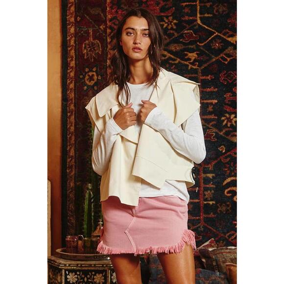 Pink Folded Waistband Raw Edge Hem Denim Mini Skirt - Picture 6 of 16